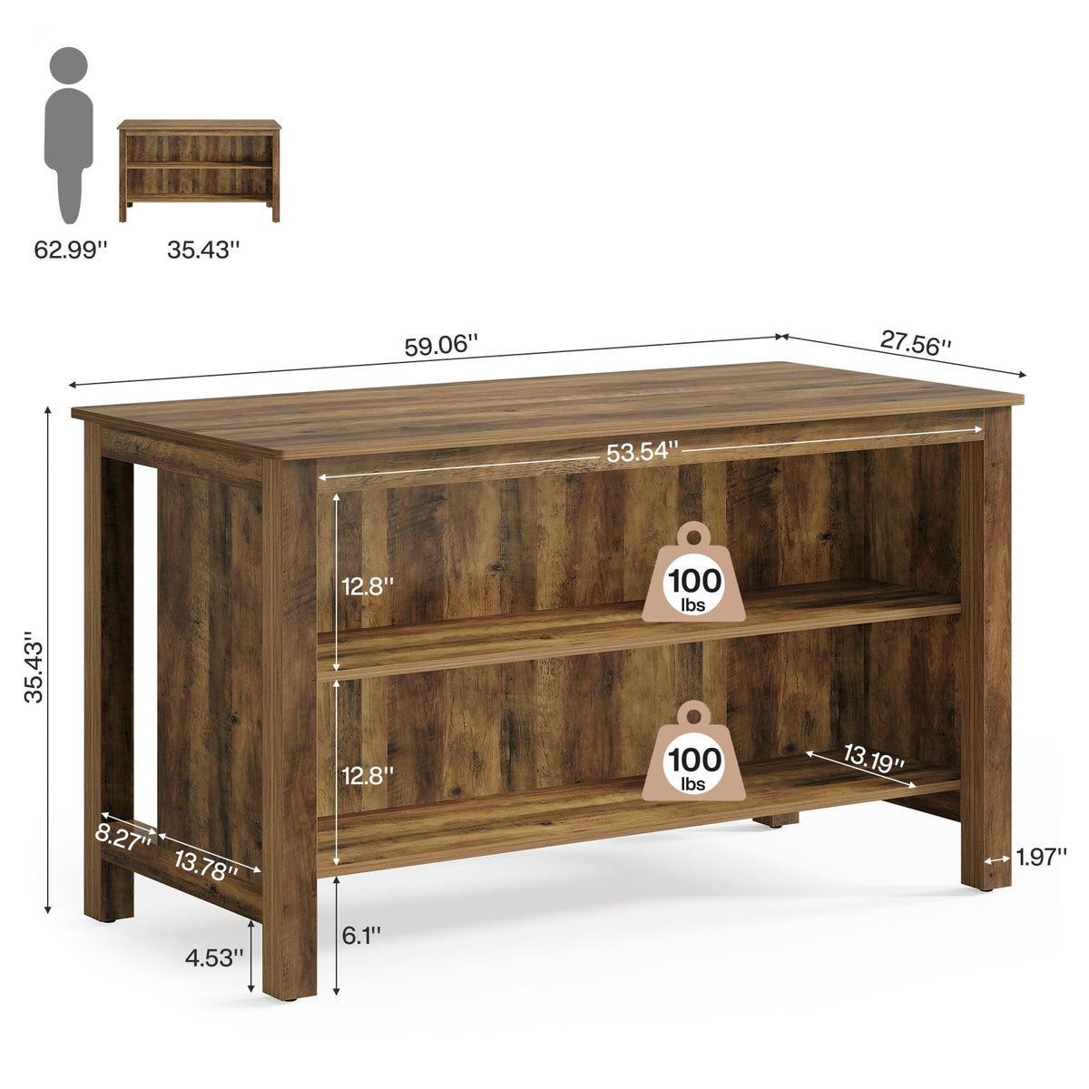 3-Tier Home Bar Table Unit, 59" Counter Height Pub Table with Storage Shelves
