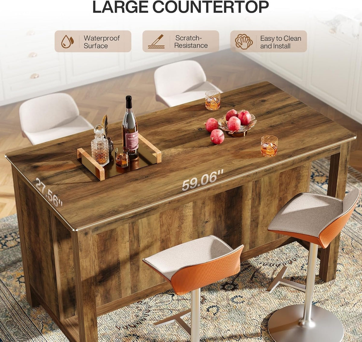 3-Tier Home Bar Table Unit, 59" Counter Height Pub Table with Storage Shelves