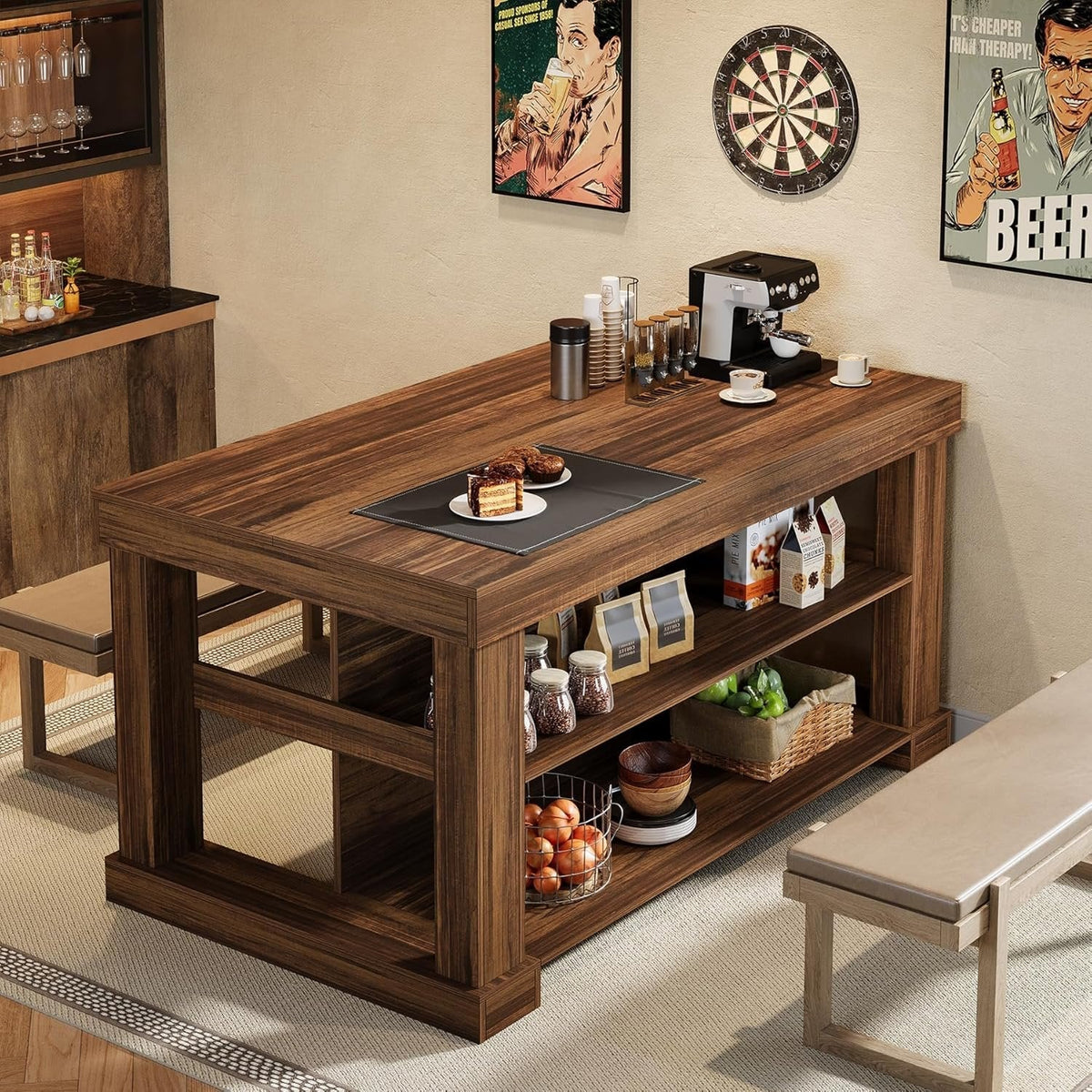 3-Tier Kitchen Island, 55" Width Kitchen Shelf with Large Worktop