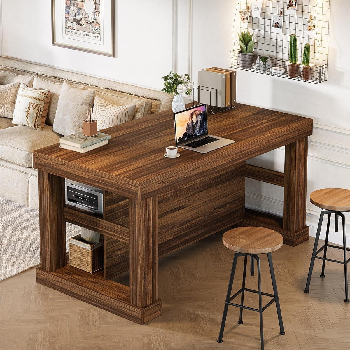 3-Tier Kitchen Island, 55" Width Kitchen Shelf with Large Worktop