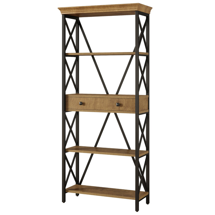 70.9" Bookshelf with Drawer, Industrial Bookcase with Open Shelf and Stable X Frame
