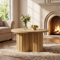 31.5" Circle Coffee Table, Small Accent Center Table with Three-lobed Grille Base for Living Room