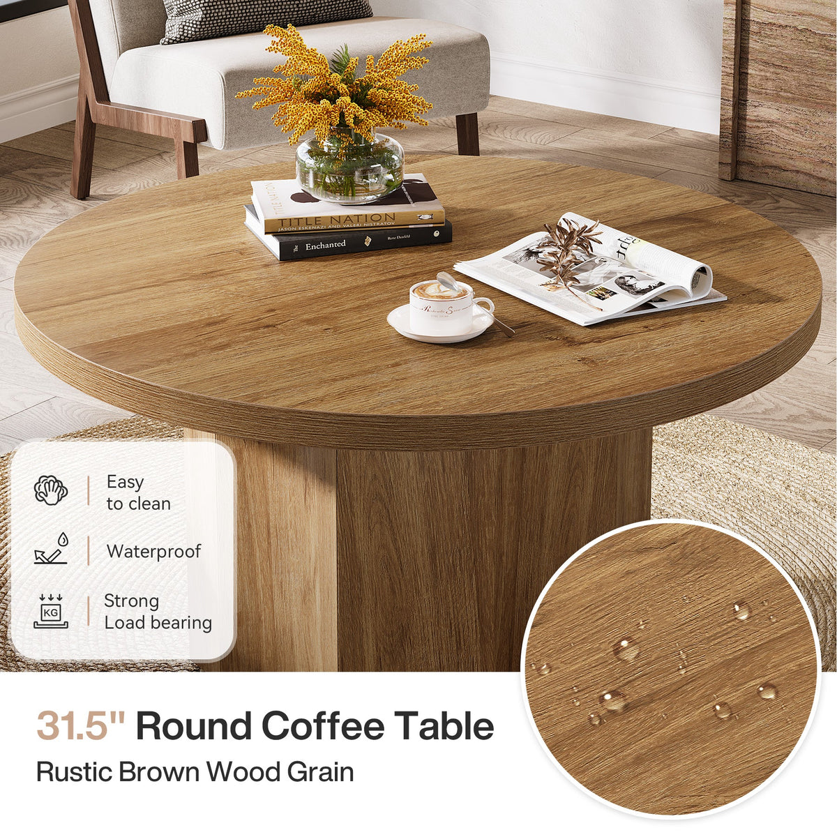 31.5" Coffee Table, Modern Center Table Accent Cocktail Tables with Fluted Base