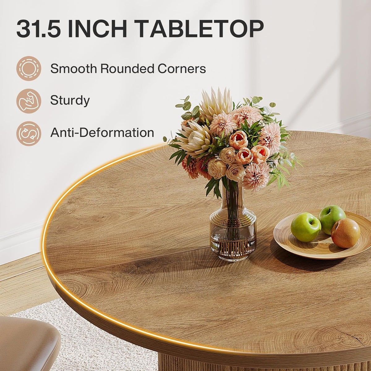 31.5" Dining Table, Circle Kitchen Dinner Table with Fluted Pedestal for 2