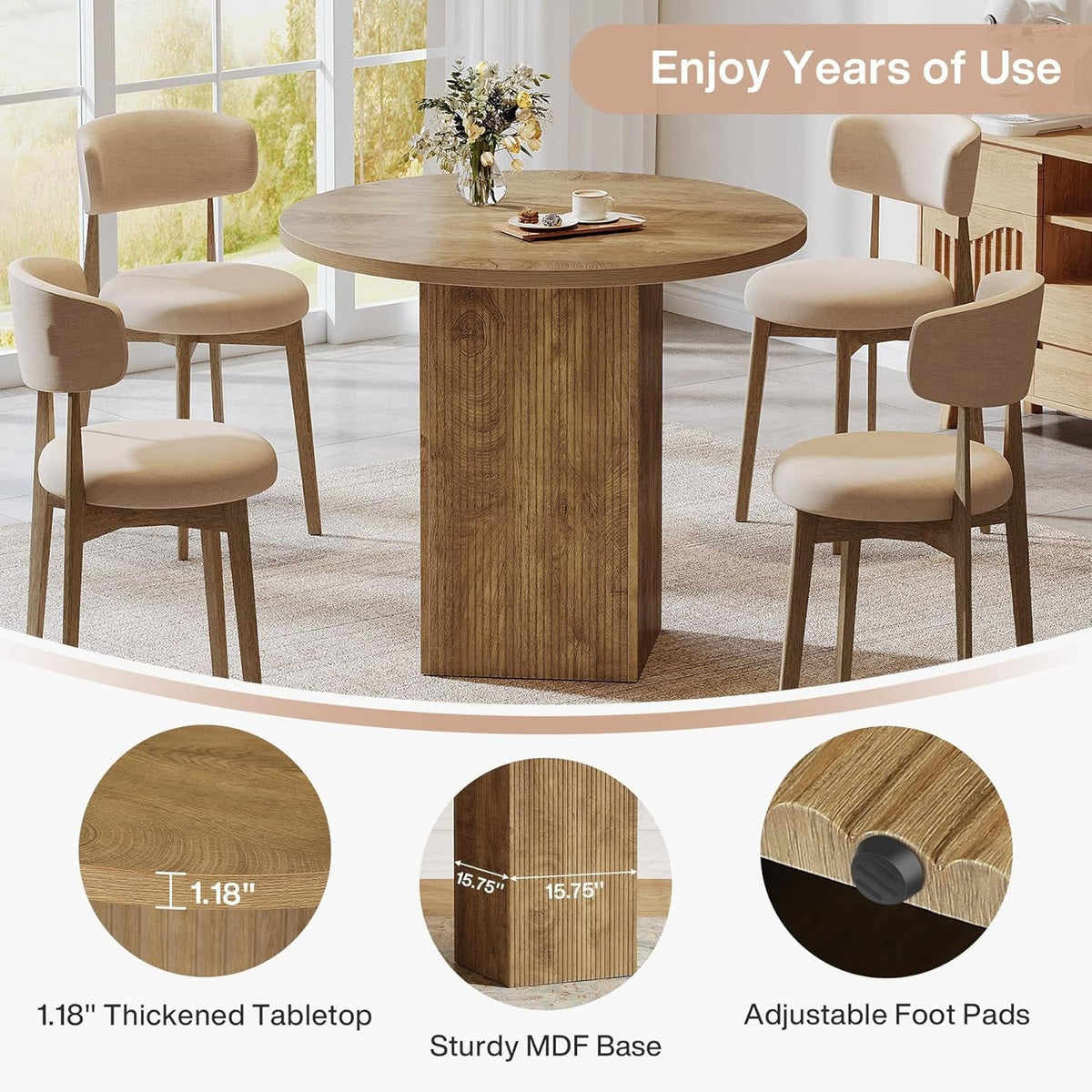 31.5" Dining Table, Circle Kitchen Dinner Table with Fluted Pedestal for 2