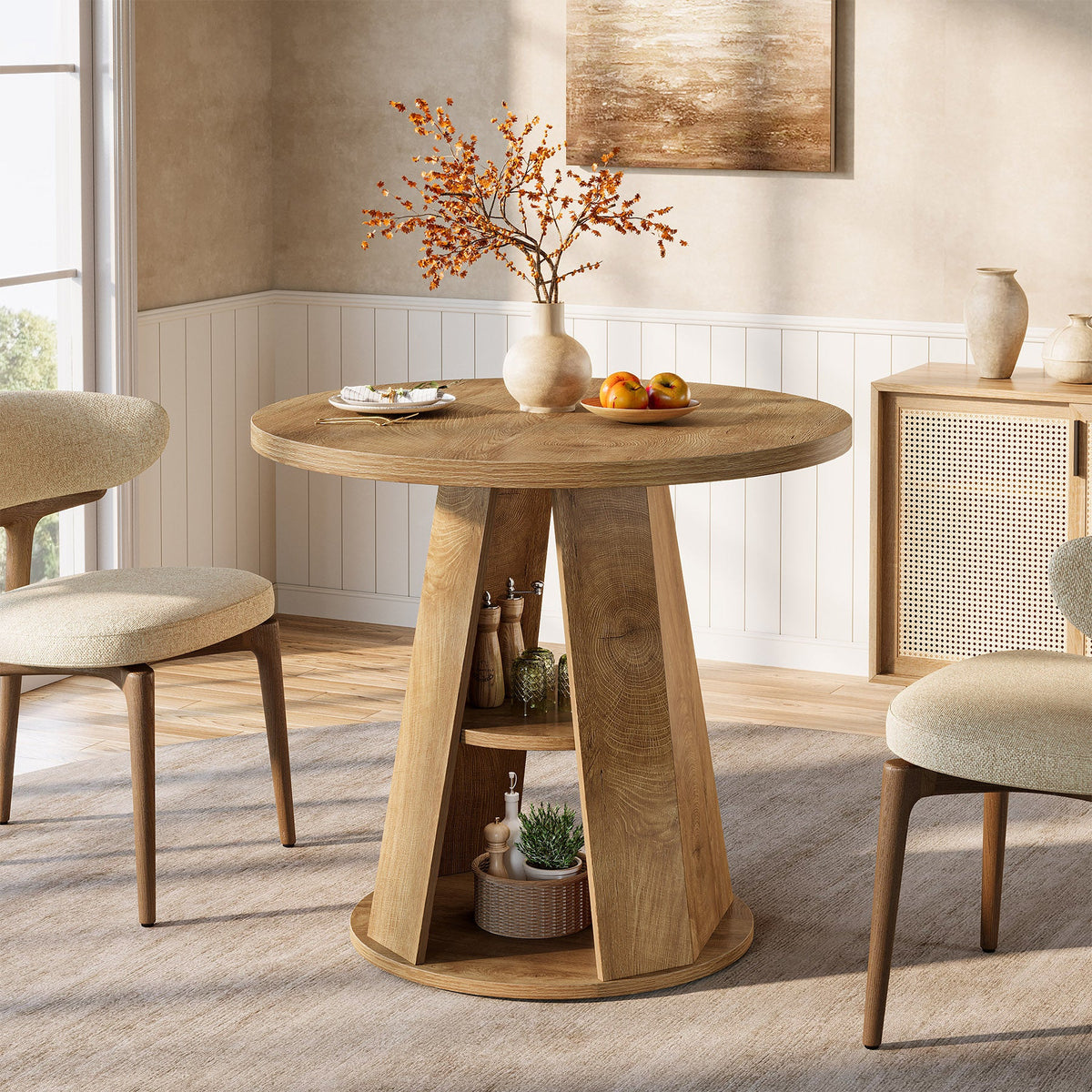 31.5" Dining Table, Modern Round Kitchen Table with Storage Shelf