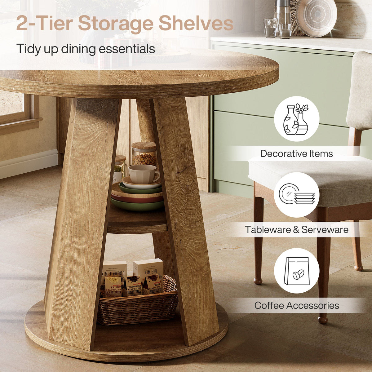31.5" Dining Table, Modern Round Kitchen Table with Storage Shelf