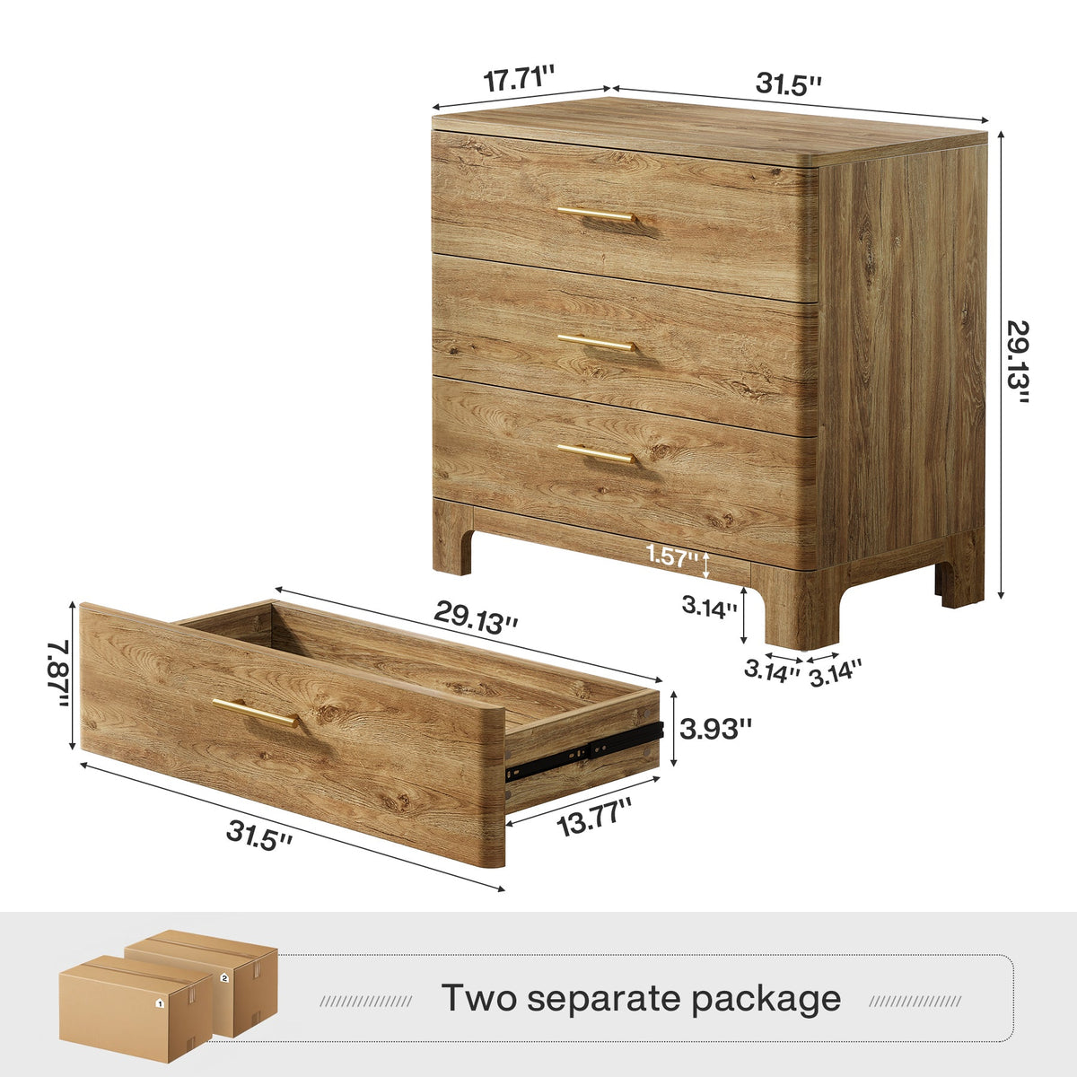 31.5" Farmhouse Nightstand, Oversized Bedside Table with 3 Storage Drawers