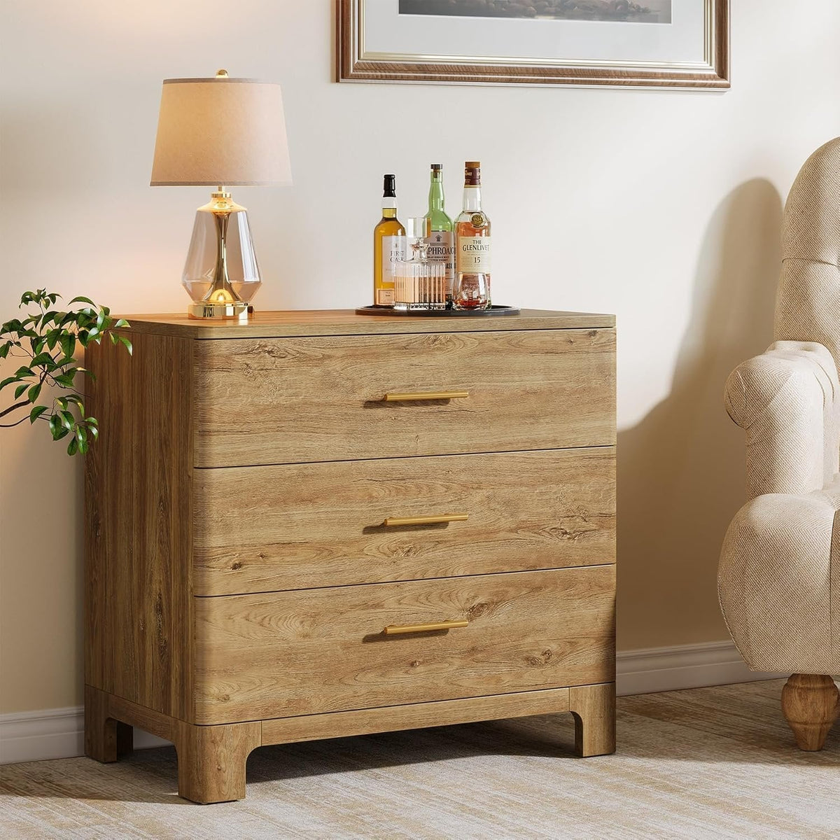 31.5" Farmhouse Nightstand, Oversized Bedside Table with 3 Storage Drawers