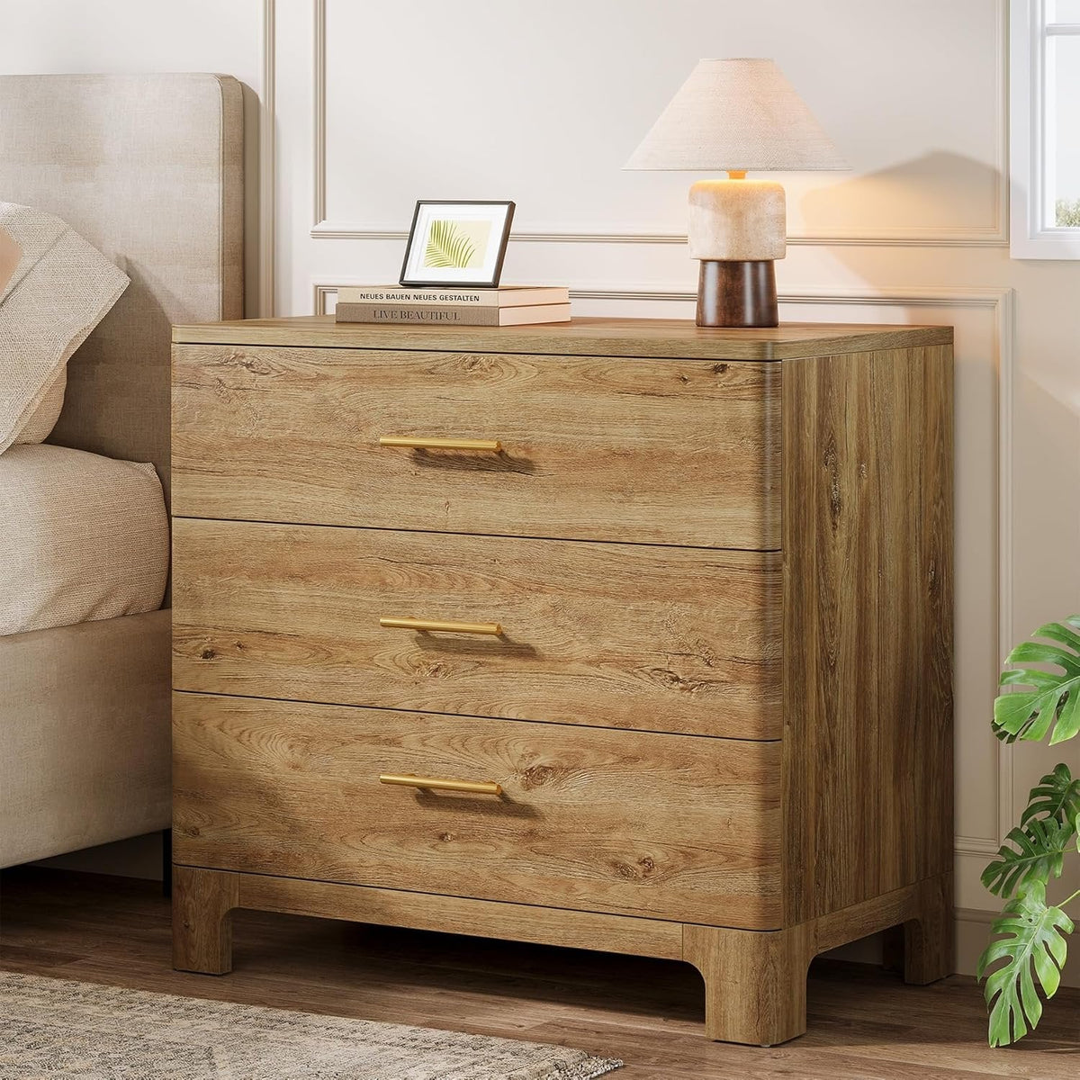 31.5" Farmhouse Nightstand, Oversized Bedside Table with 3 Storage Drawers