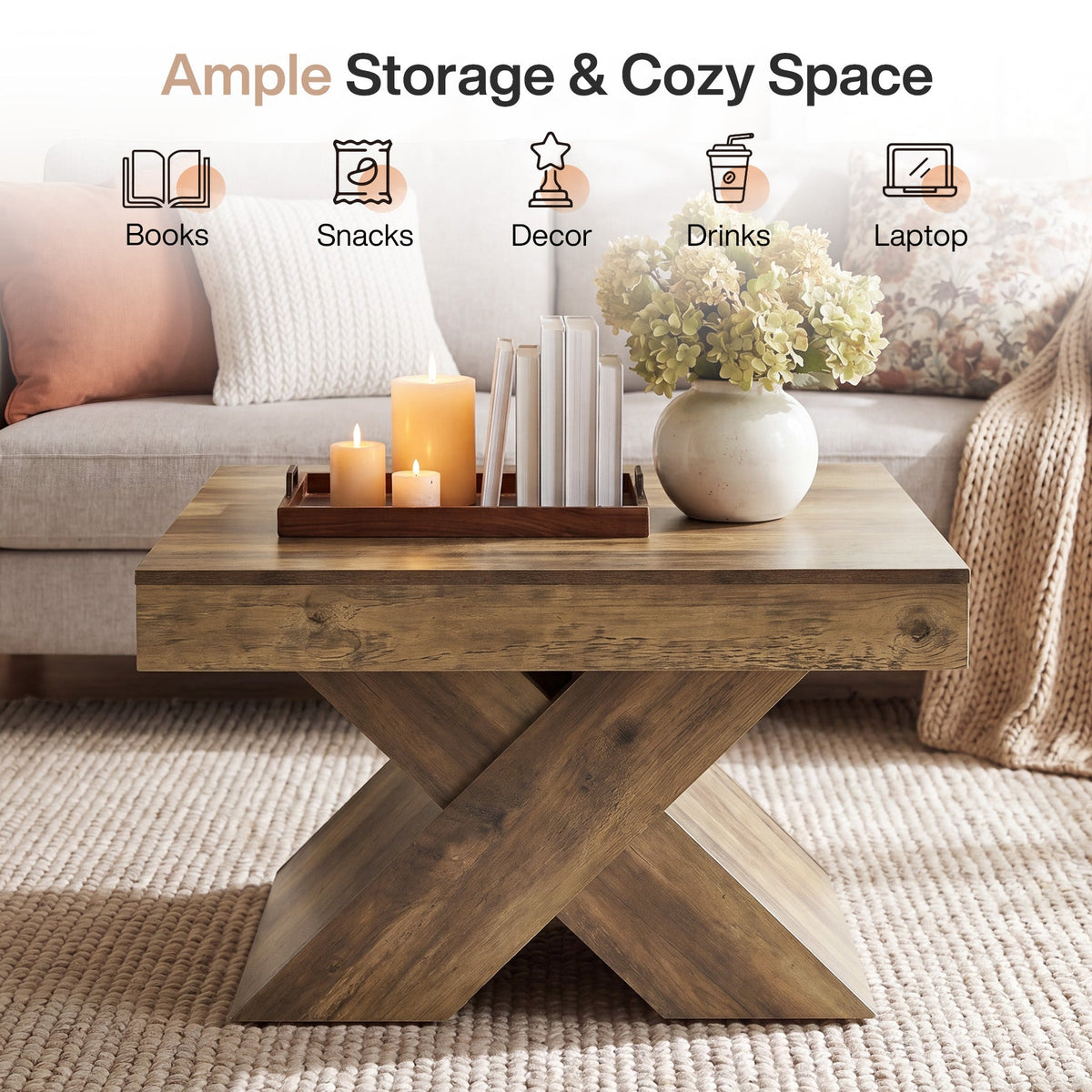 31.5“ Farmhouse Wood Coffee Table, Rustic Accent Center Table for Living Room