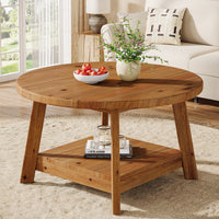 31.5" Round Coffee Table, 2-Tier Solid Wood Center Cocktail Accent Table