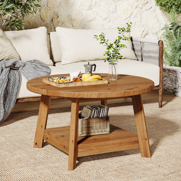 31.5" Round Coffee Table, 2-Tier Solid Wood Center Cocktail Accent Table