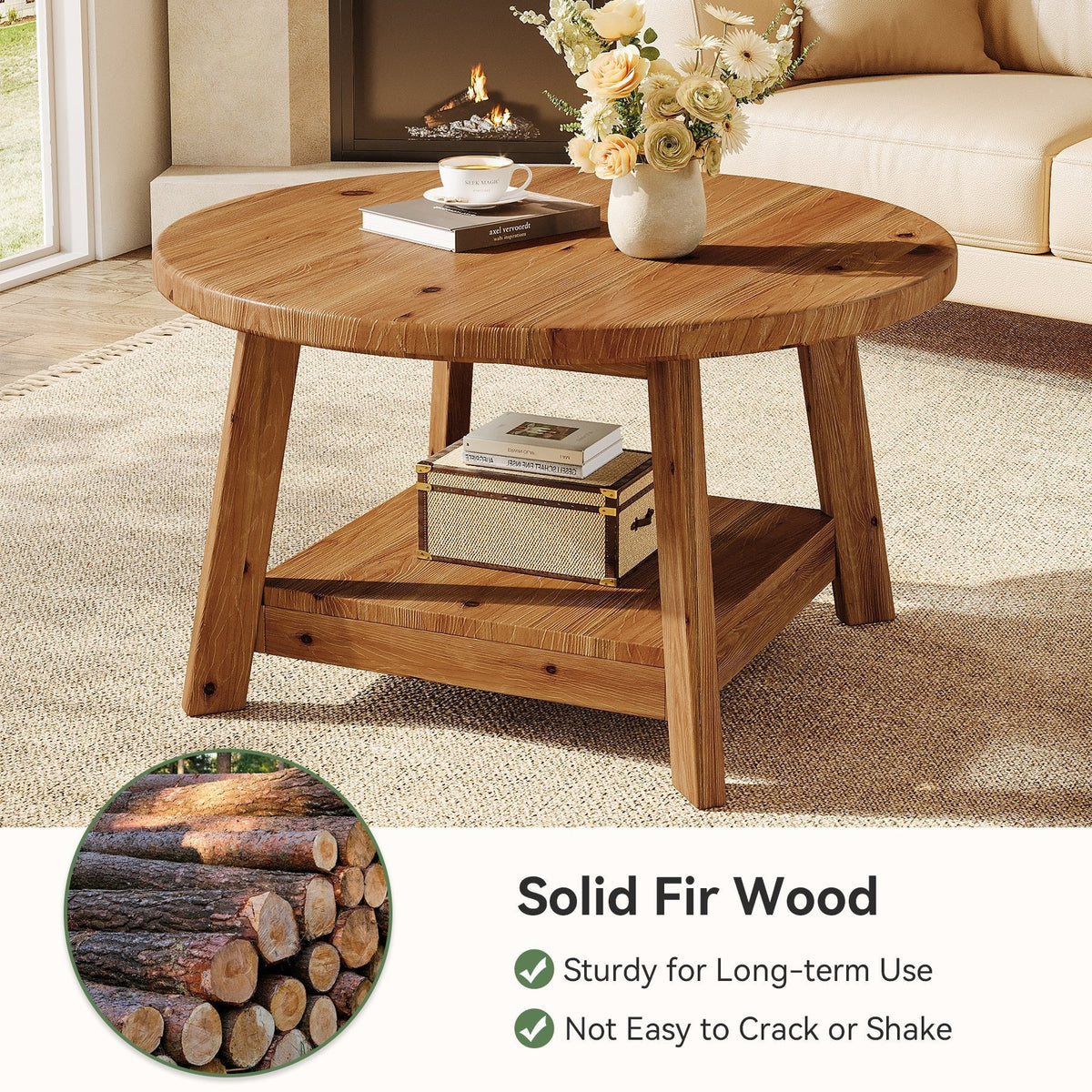 31.5" Round Coffee Table, 2-Tier Solid Wood Center Cocktail Accent Table