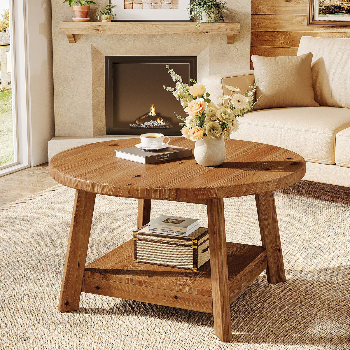 31.5" Round Coffee Table, 2-Tier Solid Wood Center Cocktail Accent Table