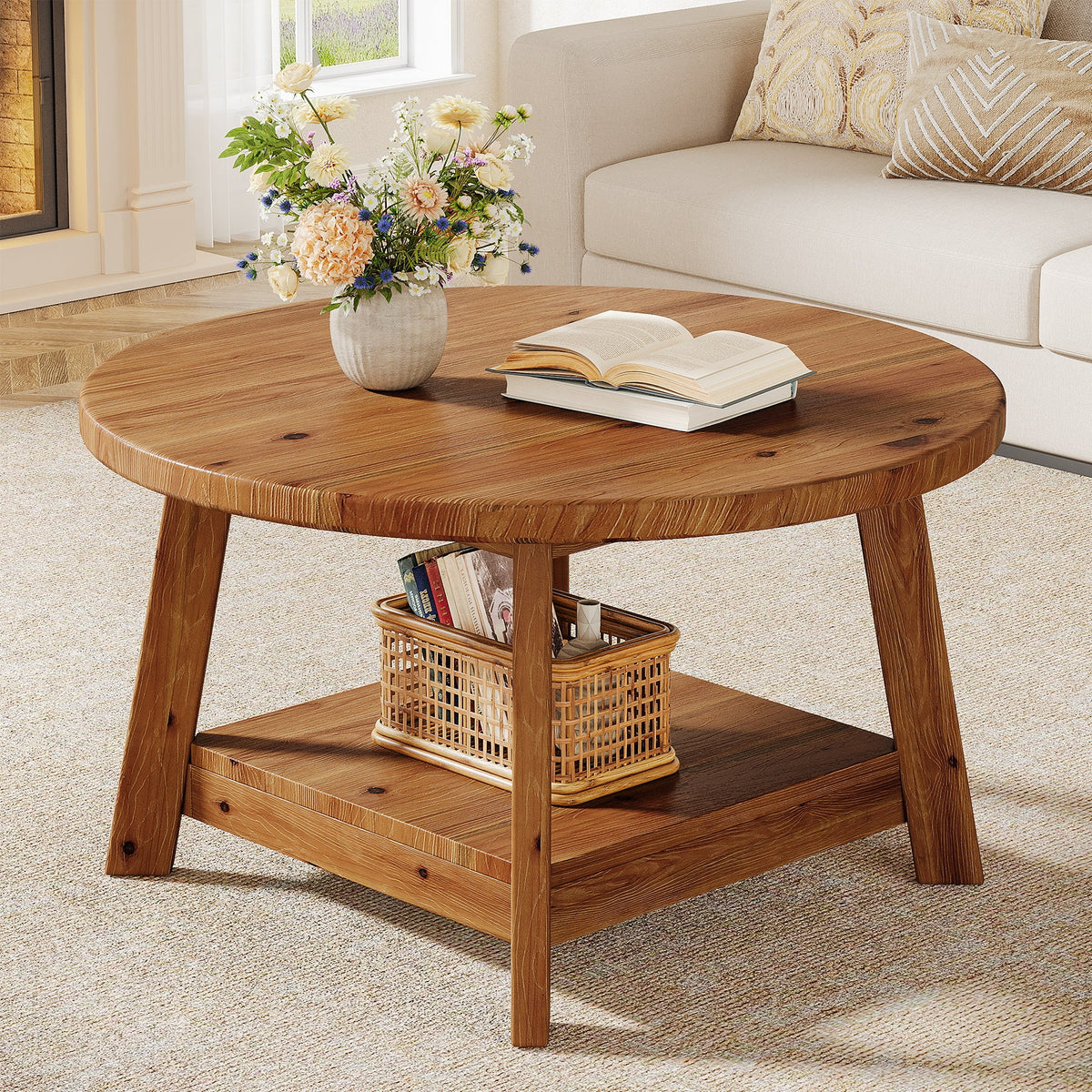 31.5" Round Coffee Table, 2-Tier Solid Wood Center Cocktail Accent Table
