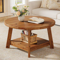 31.5" Round Coffee Table, 2-Tier Solid Wood Center Cocktail Accent Table