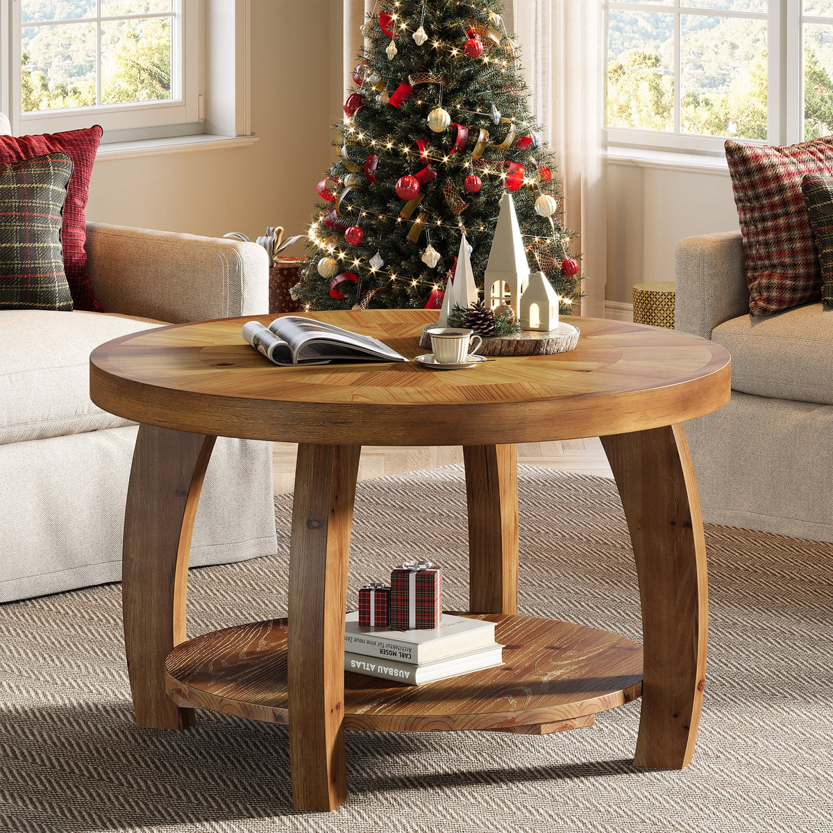 31.5" Round Coffee Table, 2-Tier Solid Wood Center Table with Mosaic Pattern
