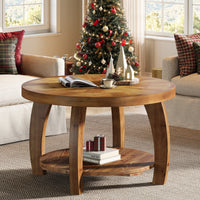 31.5" Round Coffee Table, 2-Tier Solid Wood Center Table with Mosaic Pattern