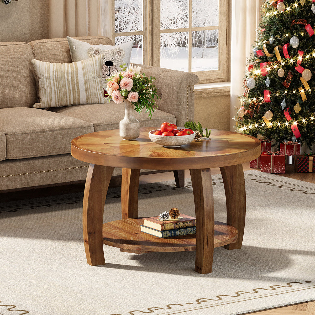 31.5" Round Coffee Table, 2-Tier Solid Wood Center Table with Mosaic Pattern