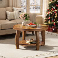 31.5" Round Coffee Table, 2-Tier Solid Wood Center Table with Mosaic Pattern