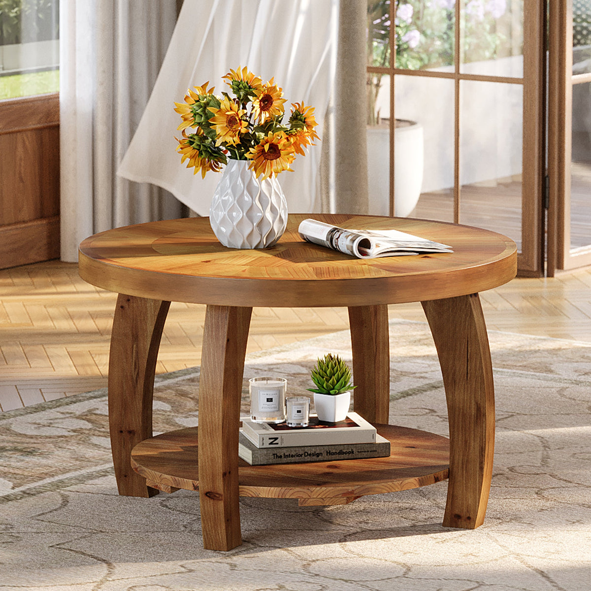 31.5" Round Coffee Table, 2-Tier Solid Wood Center Table with Mosaic Pattern
