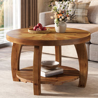 31.5" Round Coffee Table, 2-Tier Solid Wood Center Table with Mosaic Pattern