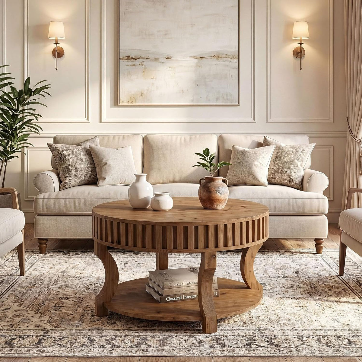 31.5" Round Coffee Table, Farmhouse 2-Tier Center Table with Storage for Living Room