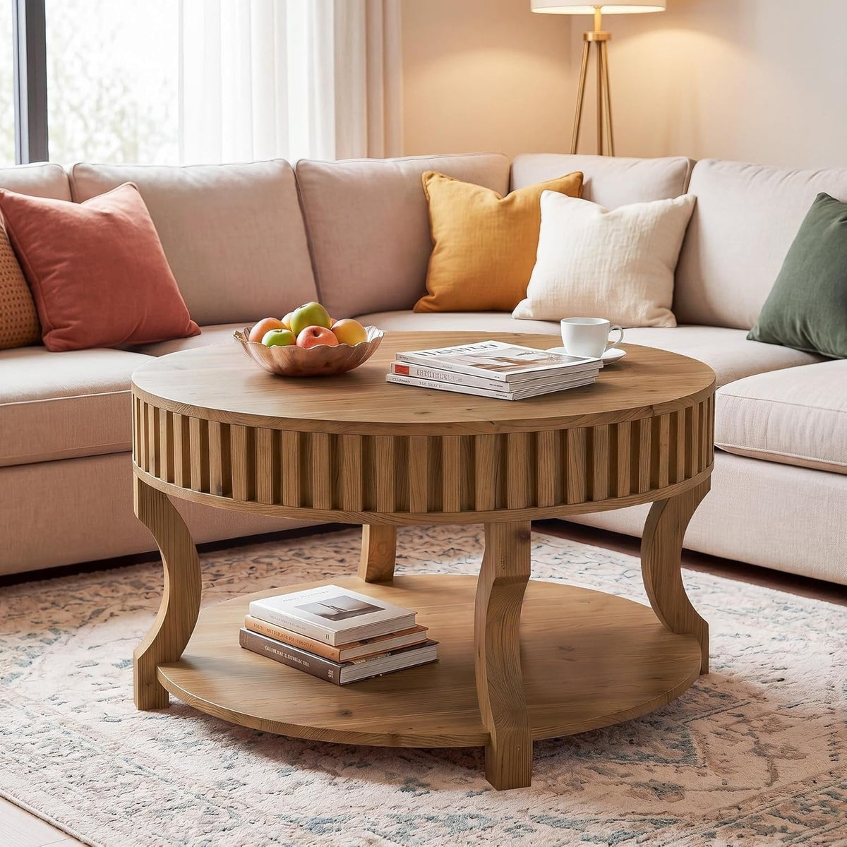 31.5" Round Coffee Table, Farmhouse 2-Tier Center Table with Storage for Living Room