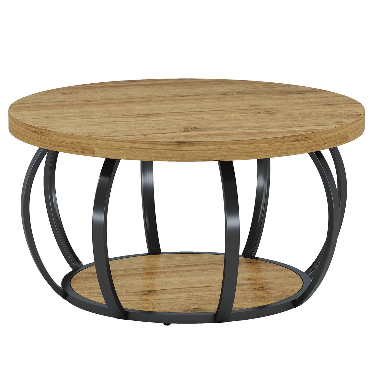 31.5" Round Coffee Table, Farmhouse Accent Center Table with 2-Tier Shelf