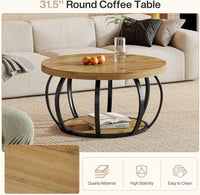 31.5" Round Coffee Table, Farmhouse Accent Center Table with 2-Tier Shelf