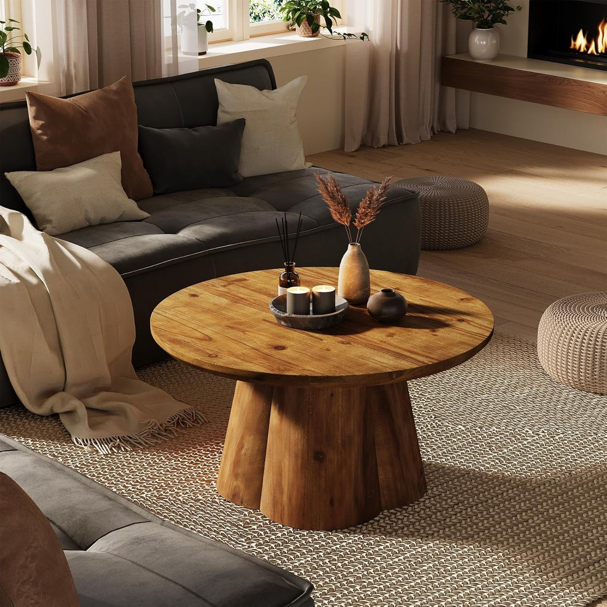 31.5" Round Coffee Table, Farmhouse Solid Wood Center Tea Table with Robust Base