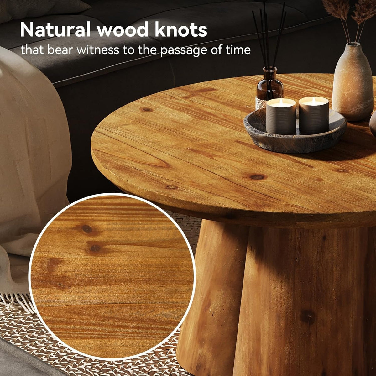 31.5" Round Coffee Table, Farmhouse Solid Wood Center Tea Table with Robust Base
