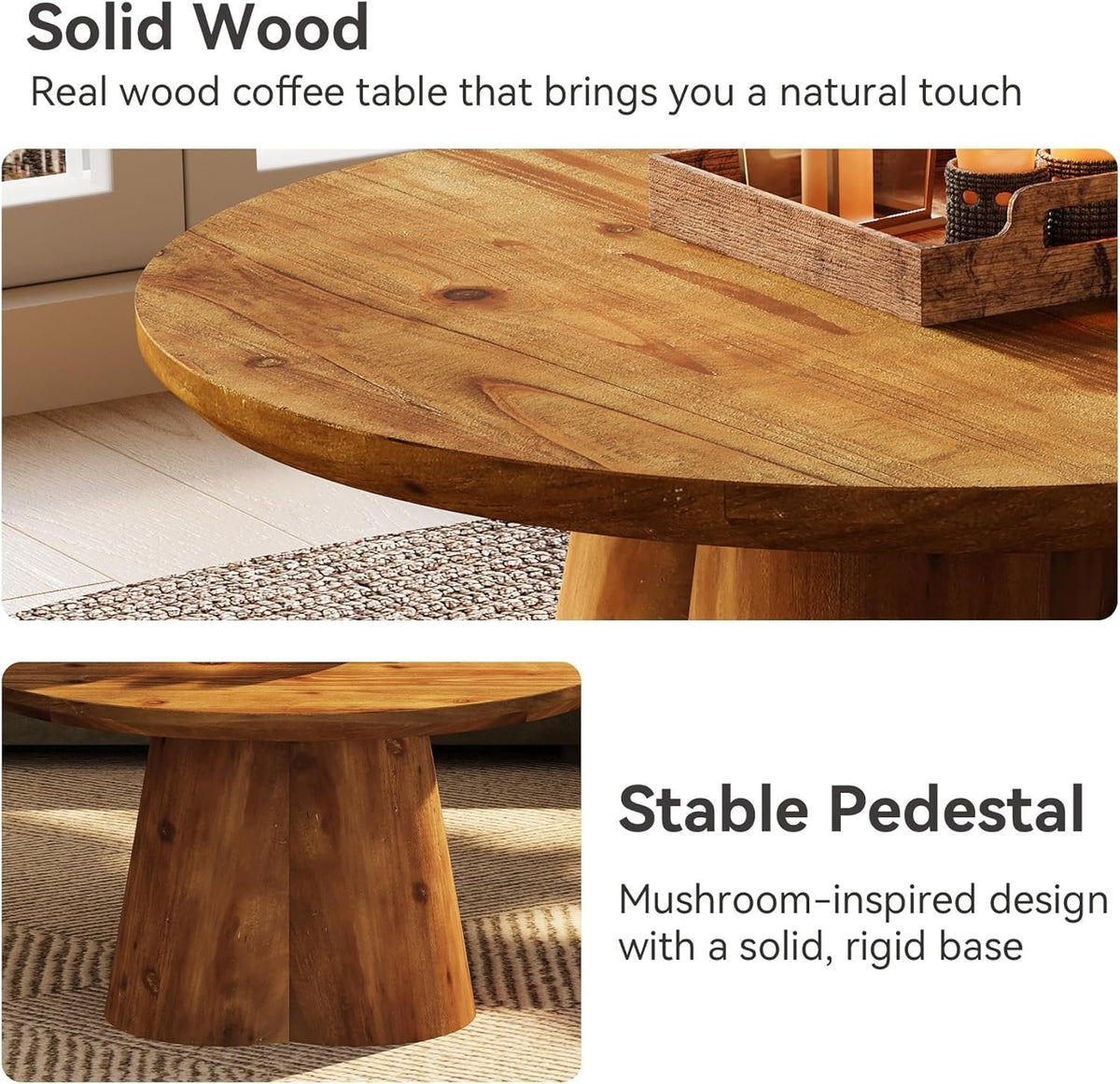 31.5" Round Coffee Table, Farmhouse Solid Wood Center Tea Table with Robust Base