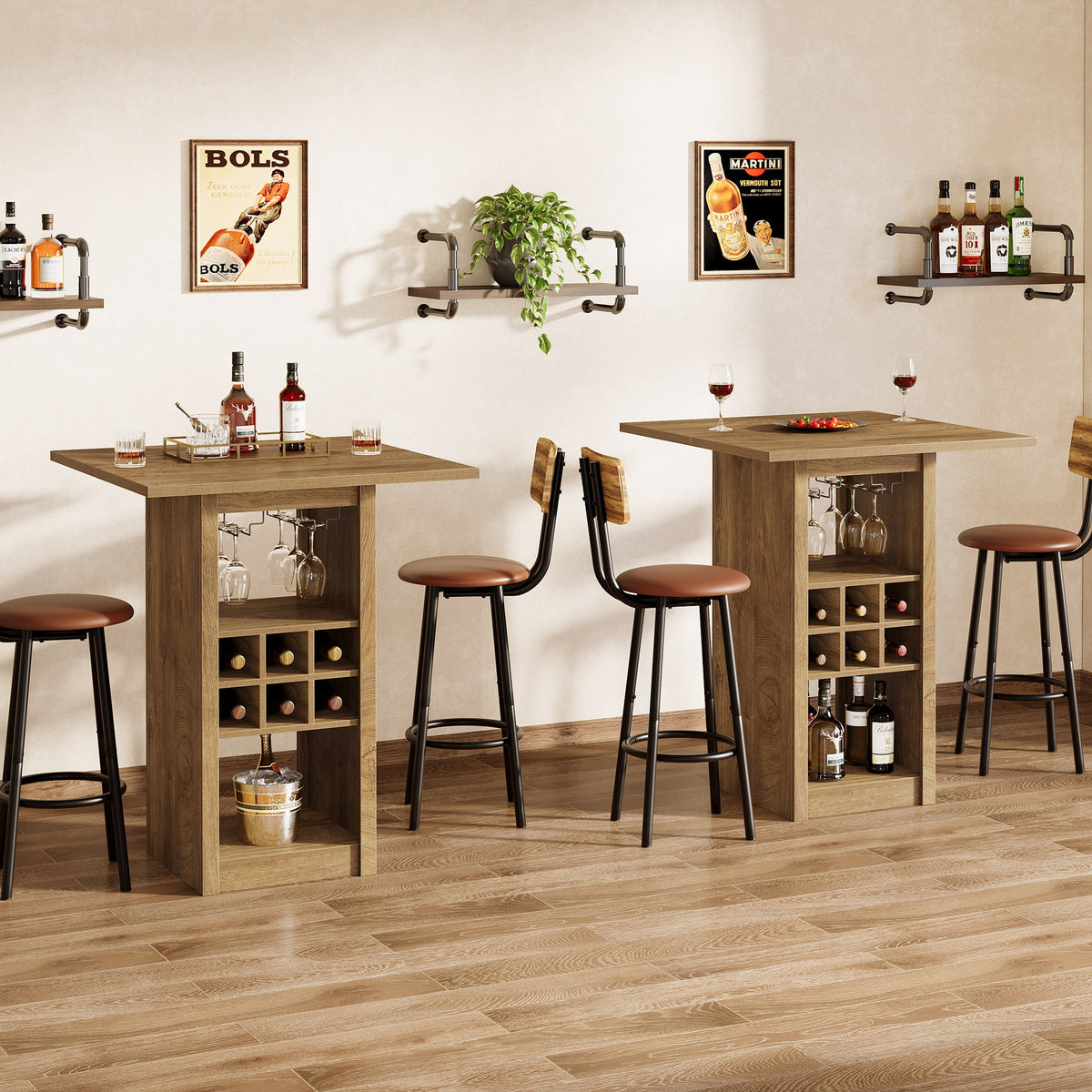 31.5" Square Bar Table, 4-Tier Counter Height Home Bar Unit with Glass Holders and Wine Racks