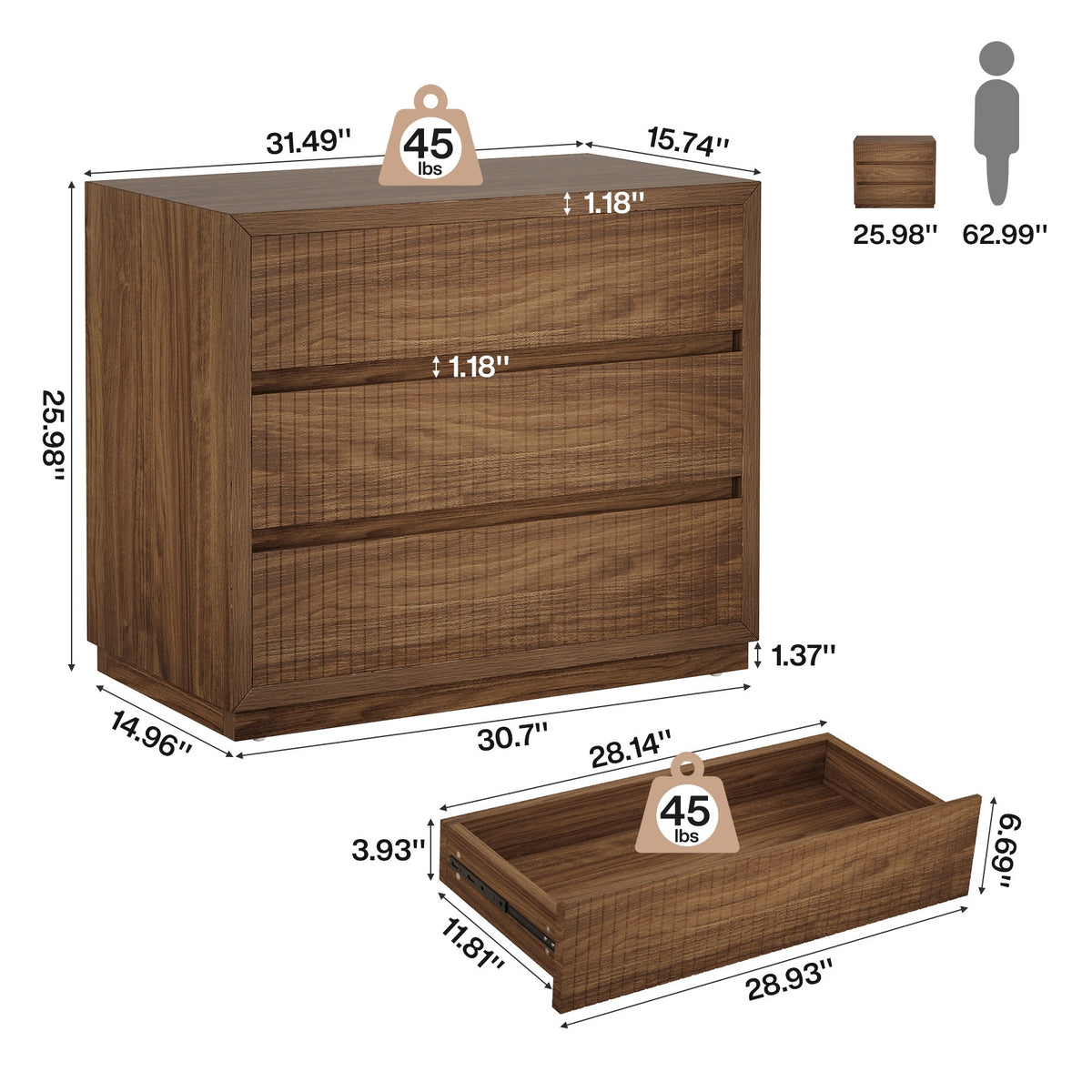 31" Oversized Nightstand, Fluted Bedside Table with 3 Storage Drawers