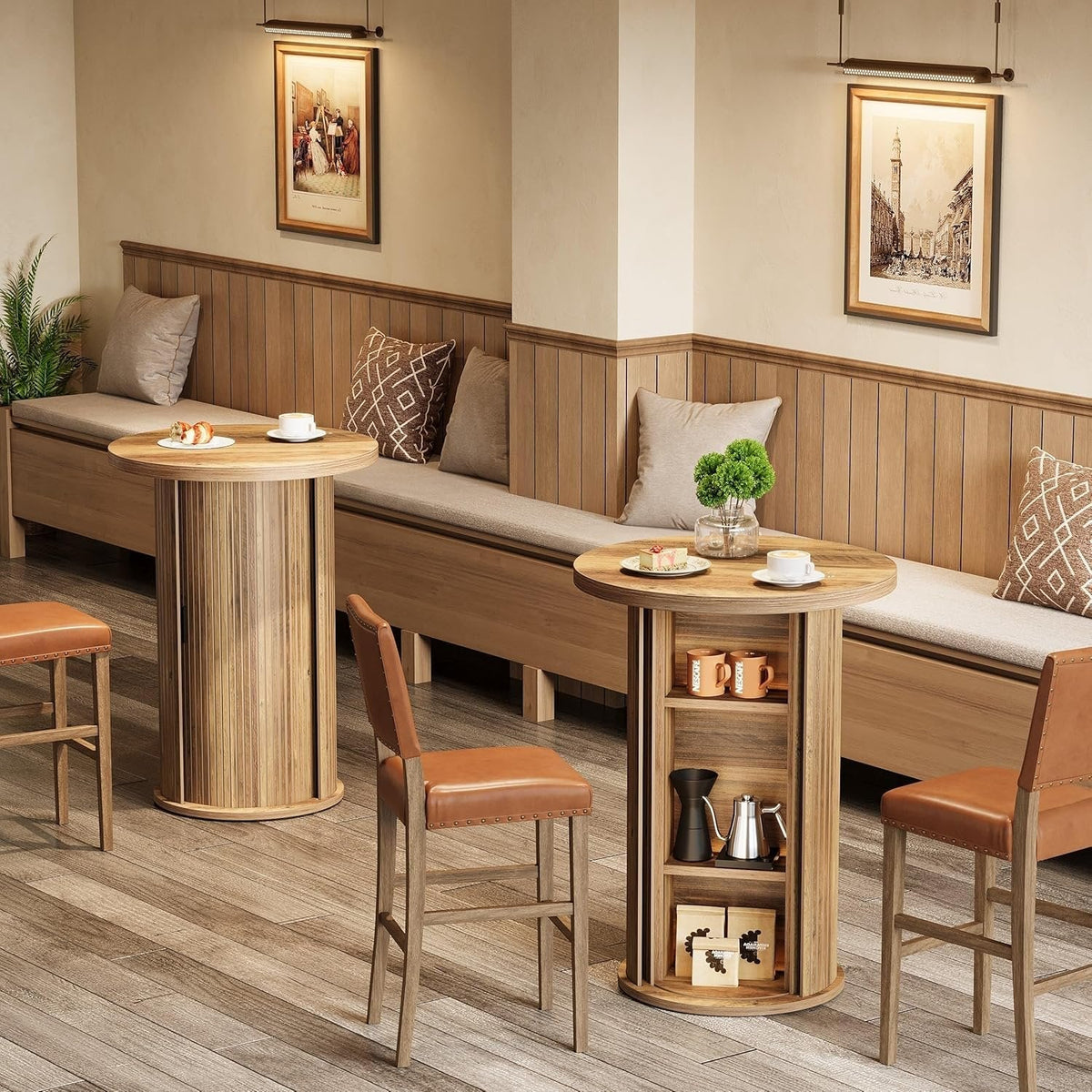 35.4" Round Bar Table, High Top Pub Table with 3-Tier Hidden Storage Shelves