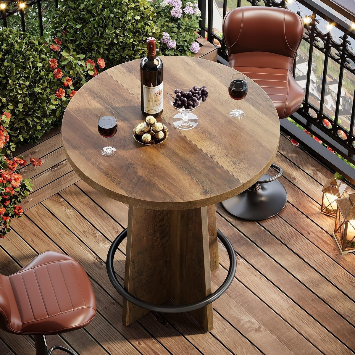 37.4" Bar Table, Wooden Bistro Pub Table with Metal Ring Footrest