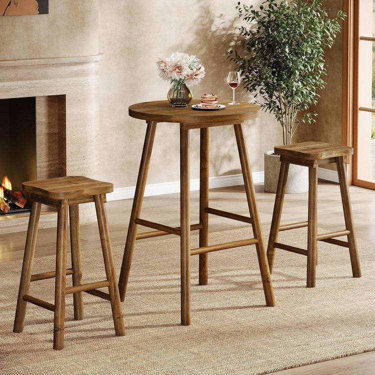 37.4" Round Bar Table, Solid Wood Bistro Sets Pub Table with 2 Barstools