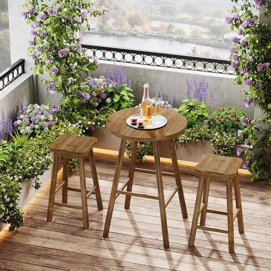 37.4" Round Bar Table, Solid Wood Bistro Sets Pub Table with 2 Barstools