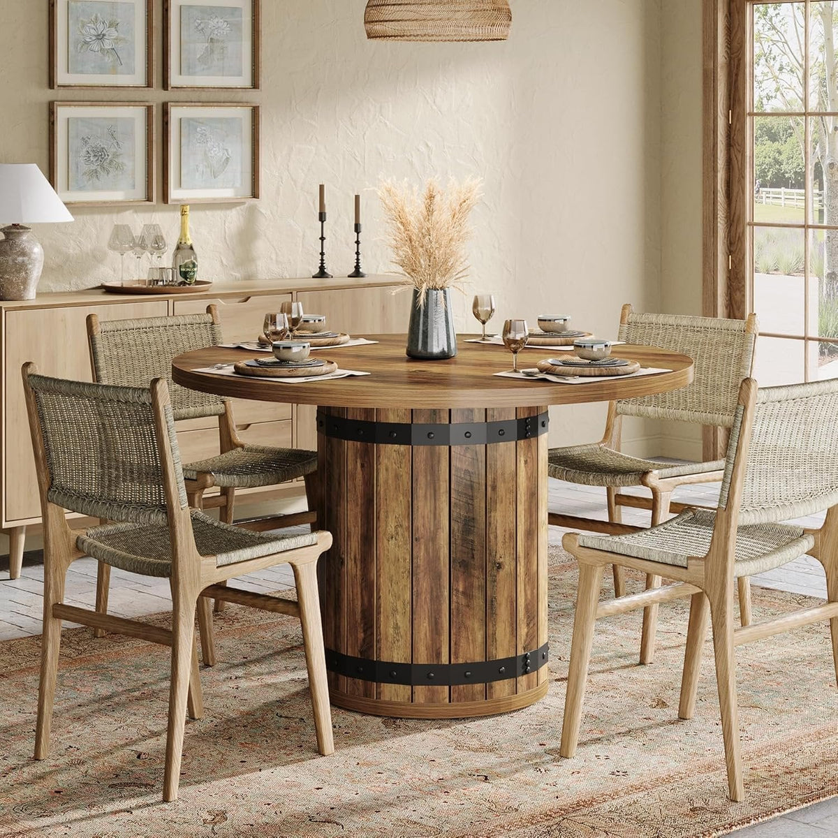 39.37" Dining Table, Round Kitchen Table with Fence Pedestal Base for 4 People