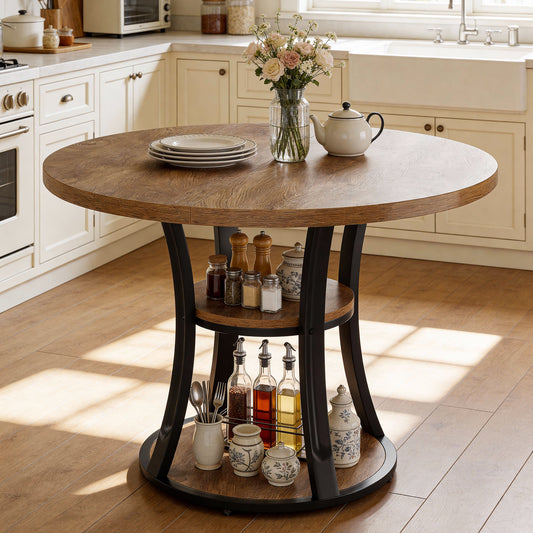 39.37" Round Dining Table, Farmhouse Kitchen Table with Storage for 4 People