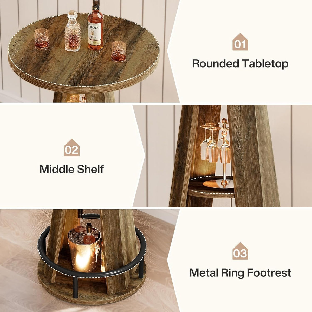 39.4" Bar Table, 3-Tier High Top Bistro Table Cocktail Pub Tables with Metal Footrest