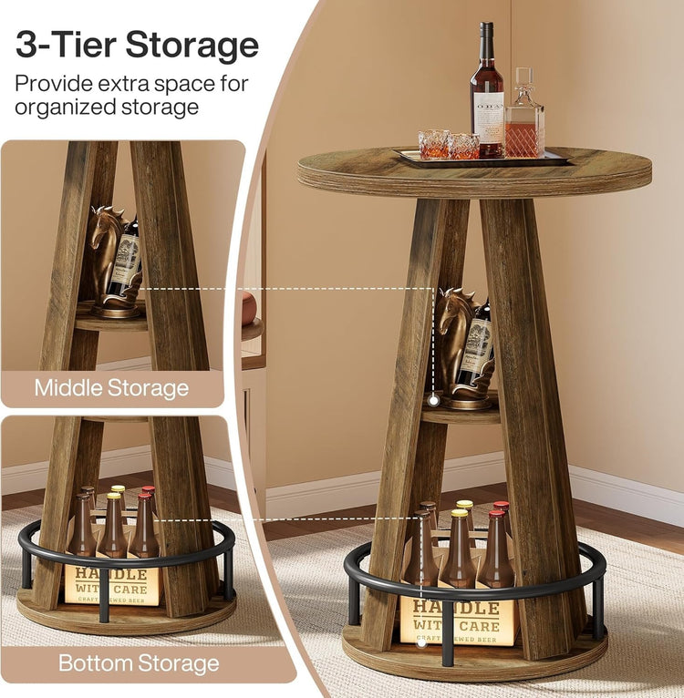 39.4" Bar Table, 3-Tier High Top Bistro Table Cocktail Pub Tables with Metal Footrest