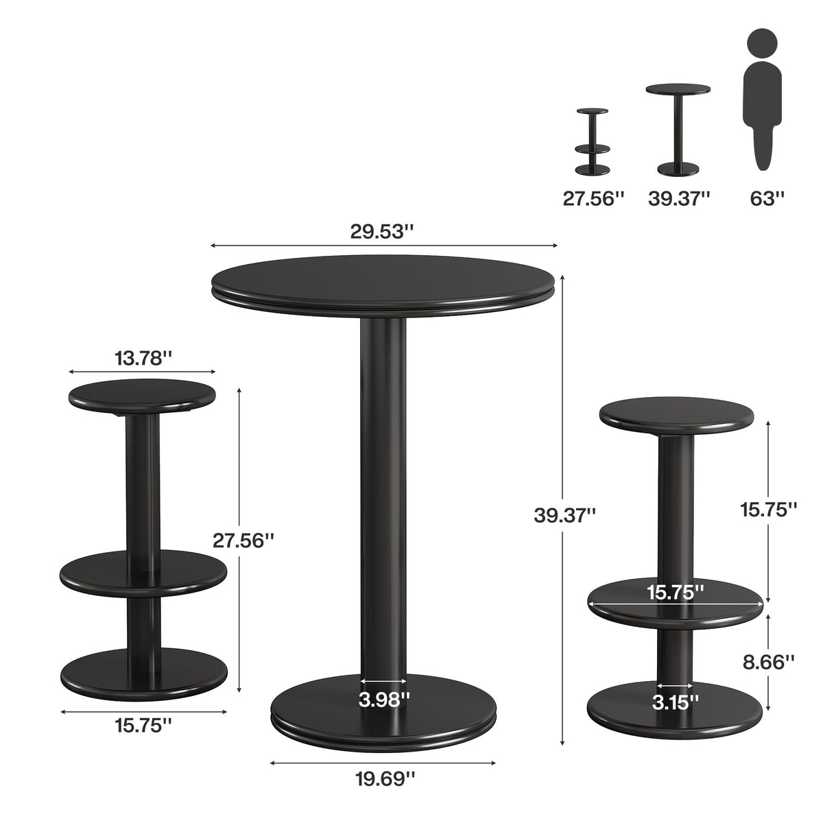 39.4" Bar Table, Modern Bistro Pub Table Cocktail Table with 2 Barstools