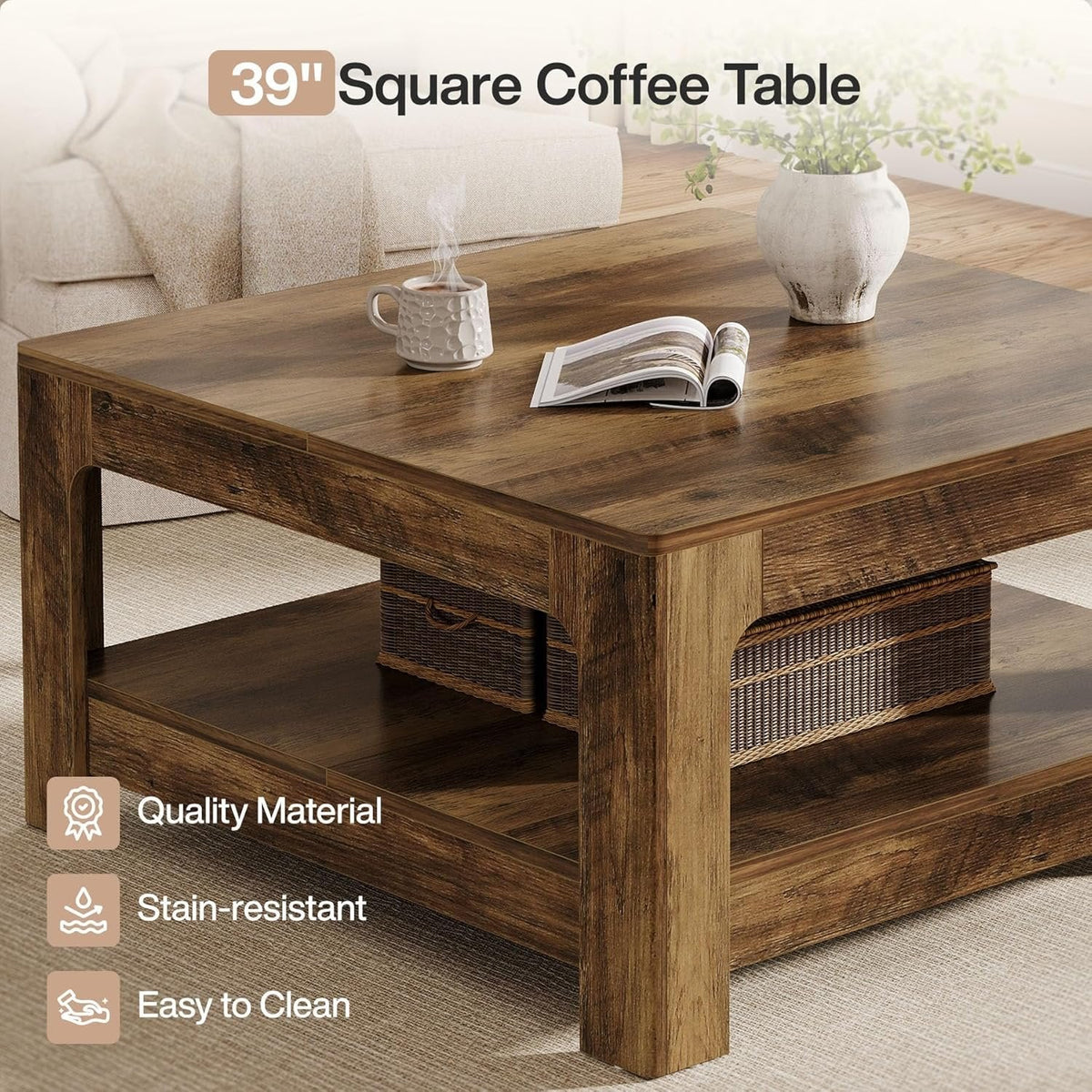 39.4" Square Coffee Table, Wooden Center Tea Accent Table with 2-Tier Storage