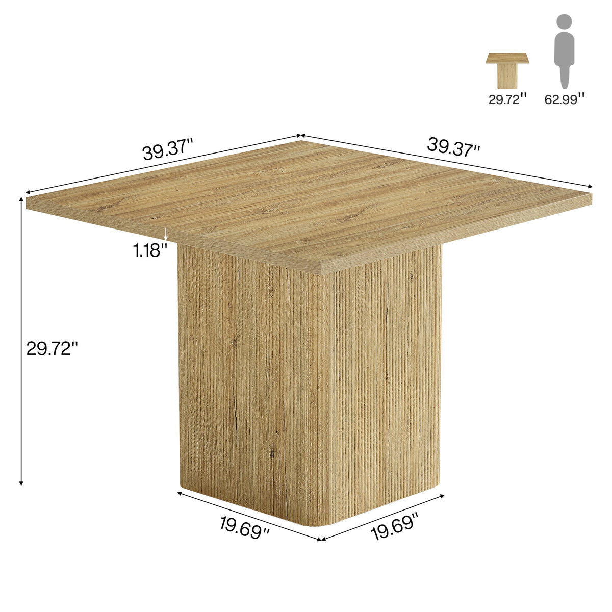 39" Dining Table, Square Fluted Kitchen Table with Sturdy Pedestal for 4