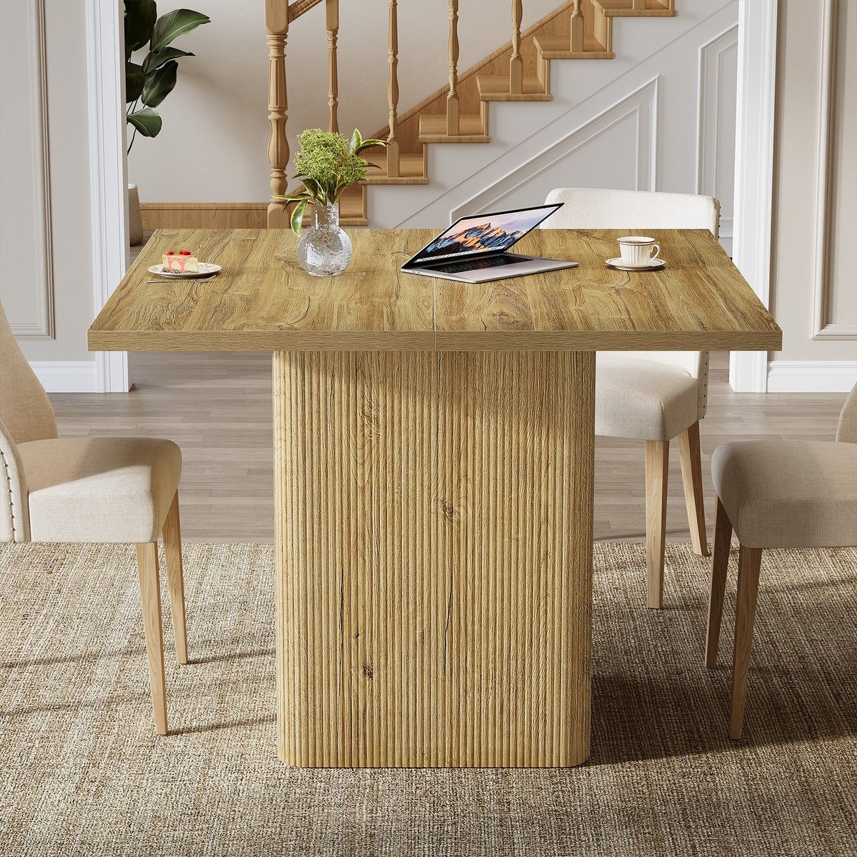 39" Dining Table, Square Fluted Kitchen Table with Sturdy Pedestal for 4