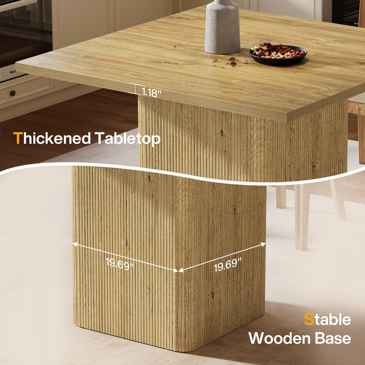 39" Dining Table, Square Fluted Kitchen Table with Sturdy Pedestal for 4