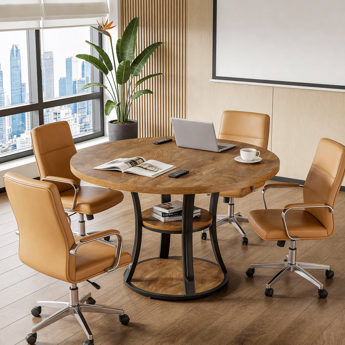 39" Small Conference Table, Modern Round Meeting Room Table for 2-4 People